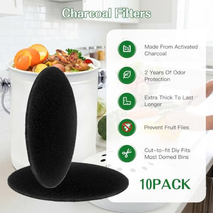 10 Pack Activated Charcoal Filters for Compost Pail, Countertop Kitchen Bin Refills, 6.7 Inch