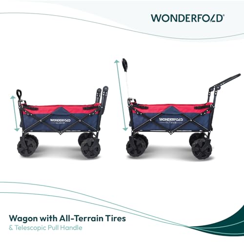 WONDERFOLD S2 Push & Pull Folding Utility Cart with Wide Beach Tires, Adjustable Push Handle, Telescopic Pull Handle with Spring Bounce Technology & Storage Pouch, Navy/Red - color: Navy/Red.