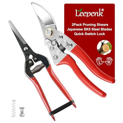 LEEPENK 2 Piece Garden Shears Set: Heavy Duty Pruning Shears with Japanese SK5 Steel Blade & Long Straight Garden Snip,Complete Pruning Shears for Gardening, Tree Trimming, Flower & Herb Cutting