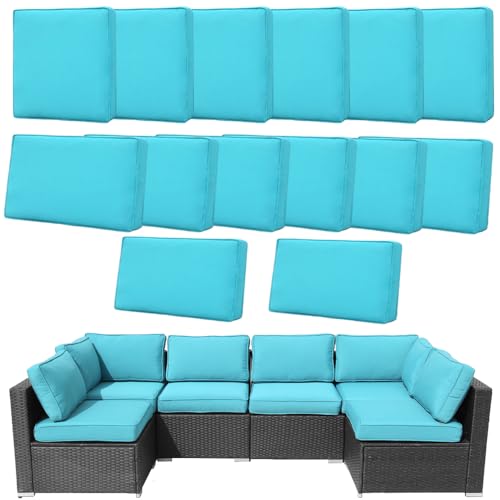 14Pcs Outdoor Cushion Covers Replacement Washable w/Zipper for 6-Seaters Sofa Patio Slipcovers Set Seat and Back Covers Only-23.6x23.6x4inch - color: Cyan, size: 23.6x23.6inch