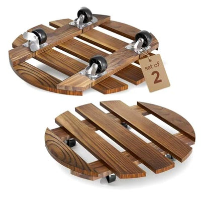 2 Pack 12 IN Wood Plant Caddy, 360 Lock Wheels Indoor Outdoor Heavy Stand