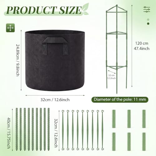 Sawysine 12 Sets 47 in Tomato Cage with 10 Gallon Grow Bag for Garden