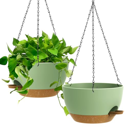 UOUZ 13 Inch 2 Pack Large Self Watering Hanging Planters for Indoor Outdoor Plants, Hanging Plant Pots with Removable 50 Oz Reservoir, Plastic Hanging Basket for Window Porch Garden, Green with Brown - color: Green With Brown