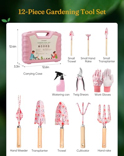 Grenebo 12-Piece Gardening Tool Set, Heavy-Duty Garden Tools for Women - color: Pink