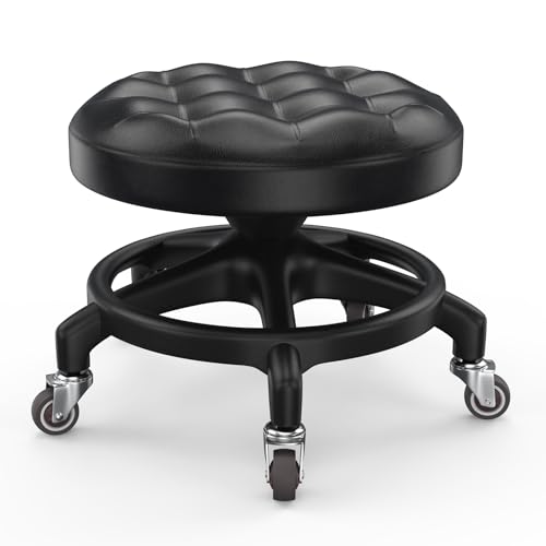 Upgraded Low Rolling Stool with 360° Smooth&Quiet Bearing Rubber Wheels, Heavy-Duty 450lbs Mechanic Rolling Seat for Salon, Workshop, Garage, Puffed Anti-Tip Black Seat Black Base - color: Glossy Black Seat & Black Base