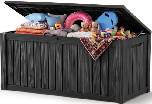 Outdoor Storage Box, 240 Gal Waterproof Resin Deck Box w/Support Rod - color: Black, size: 240 Gal