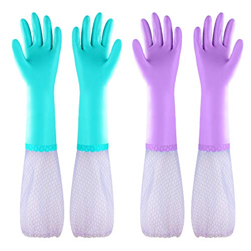Elgood Reusable Long Sleeve Dishwashing Cleaning Gloves with Latex Free,Cotton Lining,Kitchen Gloves 2 Pairs,Purple+Blue L - color: Long-purple+blue, size: Large (Pack of 2)