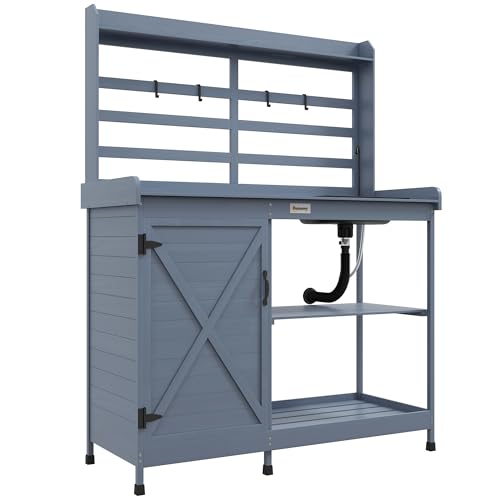 Wooden Potting Bench, Outdoor Potting Table with Storage Cabinet, Storage Shelves, Sink, Water Tap, Wood Table Top for Backyard, Patio, Balcony, Gray