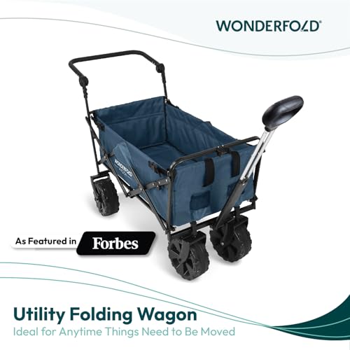 WONDERFOLD S2 Push & Pull Folding Utility Cart with Wide Beach Tires, Adjustable Push Handle, Telescopic Pull Handle with Spring Bounce Technology & Storage Pouch, Blue - color: Blue.