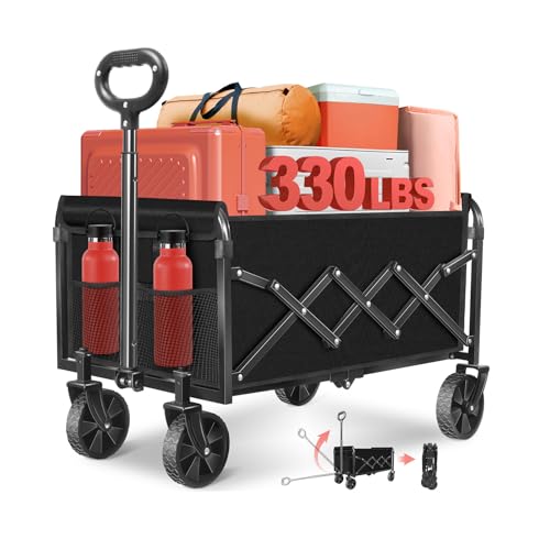 Folding Wagon Cart with All-Terrain Wheels – Heavy Duty Collapsible Utility Wagon for Grocery, Sports, Garden, Camping, Shopping (Black 330LBS) - color: Black_330lbs