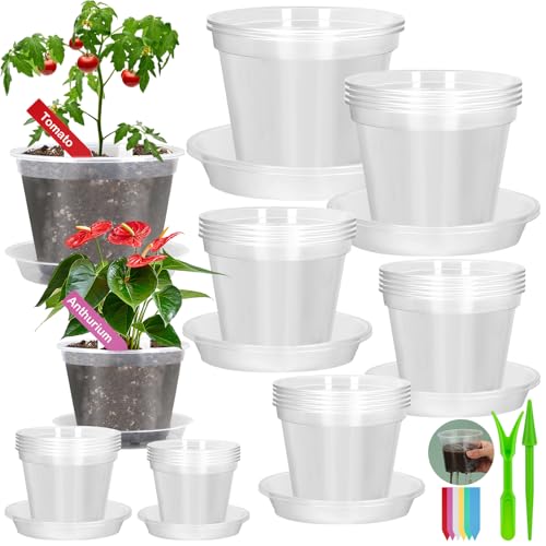 92Pcs Clear Plastic Nursery Pots with Drainage Holes and Saucers, 32Packs 2.8/3.1/3.5/3.9/5.1/5.9/7.1Inch Seedling Starter Pots for Indoor Outdoor Gardening Flower, Herb, Succulent Transplanting - size: 2.8/3.1/3.5/3.9/5.1/5.9/7.1 Inch