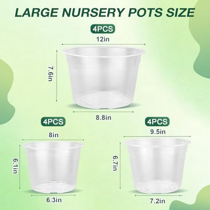 12/10/8 Inch Clear Nursery Pots with Drainage Holes, 12 Pack Flexible Large Plant Pots for Plants, Plastic Clear Pots for Seedling, Shrubs, Herbs, Flowers, Vegetables - size: 8/10/12 Inch