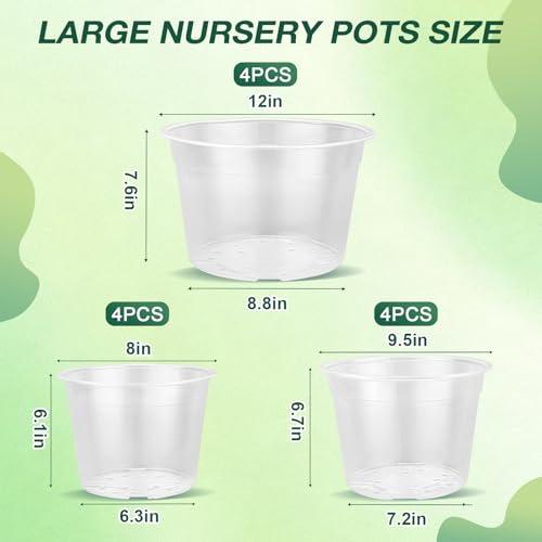 12/10/8 Inch Clear Nursery Pots with Drainage Holes, 12 Pack Flexible Large Plant Pots for Plants, Plastic Clear Pots for Seedling, Shrubs, Herbs, Flowers, Vegetables - size: 8/10/12 Inch