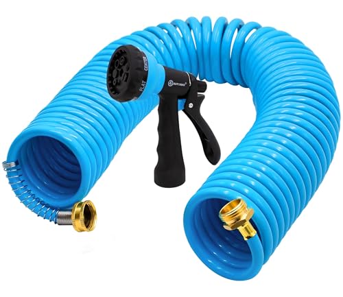 AUTOMAN Coil Garden Hose 50 ft, EVA Curly Water Hose with Brass Connectors, Recoil Garden Water Hose,Includes 7-Pattern Function Sprayer,Retractable,Corrosion Resistant Garden Coil Hose. - color: Blue, size: 50 ft