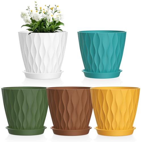 Meowell 4 inch Small Plastic Nursery Pots, Seedling Pots, 5 Set Water Ripples Plant Pots for Indoor Plants, Flower Pots with Drainage Holes and Saucers, Seed Starter Pots for Succulent, Colorful - color: Colorful, size: 4 inch 5 pieces