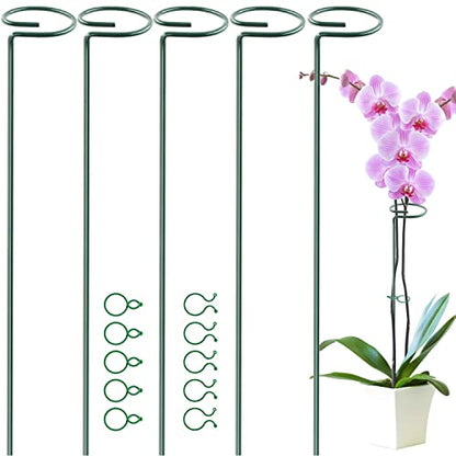 HiGift 5 Pack Plant Support Stakes, Garden Single Stem Flower Support Stick Metal Amaryllis Plant Cage Support Rings with 10pcs Plant Clips for Orchid Lily Peony Rose Stem (40 cm/16 inch Long) - size: 16 Inch-5 Pack