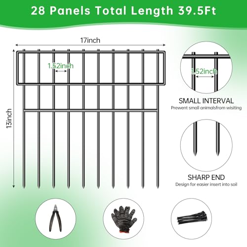 39.5ft(L) X 13in(H) Animal Barrier Fence, 28 Panels No Dig Fence for Dogs, 1.52IN Gap Anti Digging Dog Barrier, Rustproof Metal Garden Edging Border Defense for Outdoor, Yard, Lawn - color: Black, size: 28 Panels, 39.5FT x 13IN