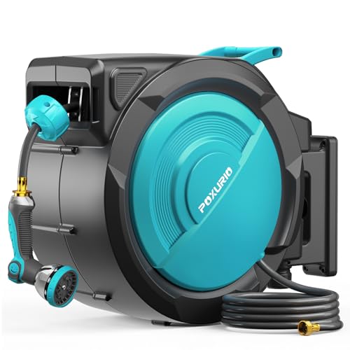 1/2" 160FT Retractable Garden Hose Reel - POXURIO Heavy Duty Automatic Wall Mounted Hose Reel Upgraded UV Resistant, 3/4" Brass Fitting, 10 Pattern Nozzle, 180° Swivel&Any Length Lock Slow Retraction - size: 160FT-1/2"