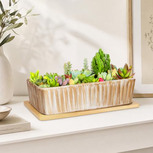 Succulent Pots, 12'' Long Rectangle Planters with Tray, Windowsill Planter - color: Wooden Pattern