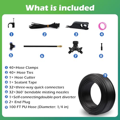 Drip Irrigation System 100 FT with 32 Nozzles, 360° Adjustable Bendable Garden Watering Misting System for Greenhouse, Yard, Lawn, Plant, Garden, 1/4 inch Hose (OD: 6mm) - color: 100 ft PU hose (1/4 in OD, 6mm)