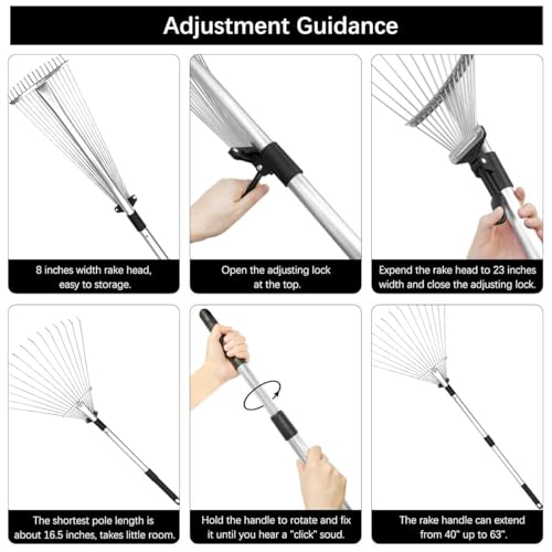Buyplus Adjustable Garden Leaf Rake - 24 to 63 Inch Telescopic Metal Expandable Folding Leaves Rake, Metal Rake for Leaves, Yard Rakes for Lawn Yard, Flowers Beds, Black