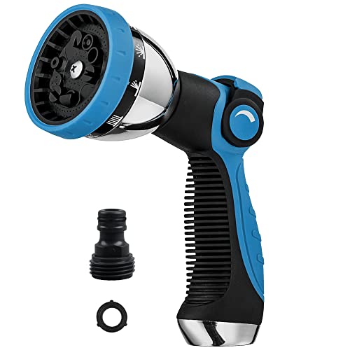 Garden Hose Nozzle Spray Nozzle,10 Hose Metal Duty Watering Patterns Thumb Control On Off Valve, High Pressure Nozzle Sprayer for Watering Plants, Car Wash,Cleaning,Showering Pets Blue - color: Blue