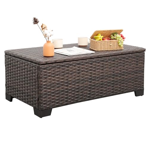 Rattaner Outdoor Table Patio Furniture All-Weather Patio Table Wicker Coffee Table with Storage and Furniture Cover, Dark Brown - color: Dark Brown