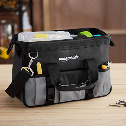 Amazon Basics Durable Wear-Resistant Tool Storage Bag with Adjustable Shoulder Strap,Portable Tool Organizer,16 Pockets,12 in,Black & Gray,(Pack of 8) - size: Small Standard Bag (Pack of 8)