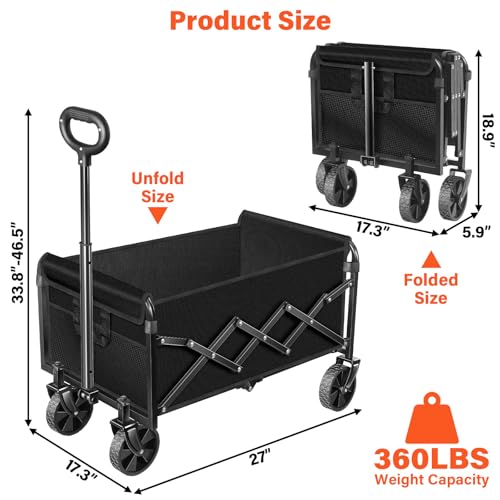 Wagons Carts Foldable - Portable Folding Collapsible Wagons with Wheels - Heavy Duty Utility Carts for Groceries, Shopping, Camping, Sports, Garden，Beach - Black - color: Black-360lb