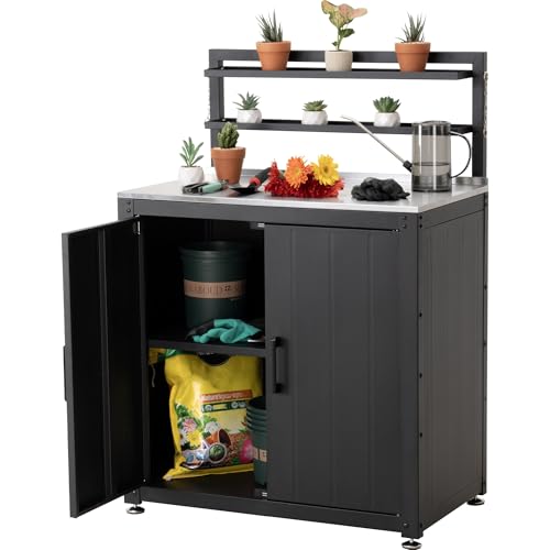 FEASTO Outdoor Potting Bench Table with Storage Cabinet - color: Black