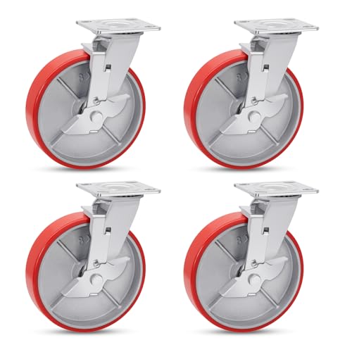 Nefish 8 Inch Industrial Casters Set of 4, Heavy Duty Casters with Brake 6000 Lbs, No Noise Polyurethane Wheel on Steel Hub, Swivel Plate Caster Wheels for Toolbox Workbench (4 Swivel & Brakes) - size: 8 IN （Brake）