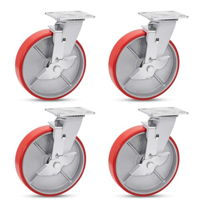 Nefish 8 Inch Industrial Casters Set of 4, Heavy Duty Casters with Brake 6000 Lbs, No Noise Polyurethane Wheel on Steel Hub, Swivel Plate Caster Wheels for Toolbox Workbench (4 Swivel & Brakes) - size: 8 IN （Brake）