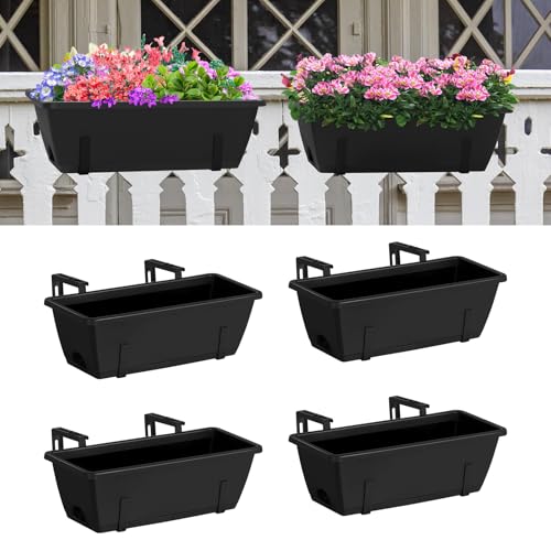 CADUKE Railing Planter Box 4 Pack Window Boxes Planter with Adjustable Brackets 16.9 Inches Deck Railing Hanging Flower Boxes Black Balcony Planters Fence Hanging Planters for Outdoor - color: Black