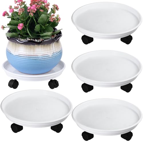 Planterhoma 4 Packs Heavy-Duty Plastic Plant Caddy with Wheels - 11.8" Rolling Plant Stand - Strong Load Bearing - 360 Rotated Wheels - Indoor/Outdoor Use - color: White, size: 11.8" - 4 packs