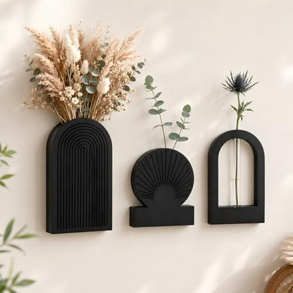 TBWIND Black Wooden Wall Vases Set of 3, Wall Planters with Glass Tube Kit - color: Black