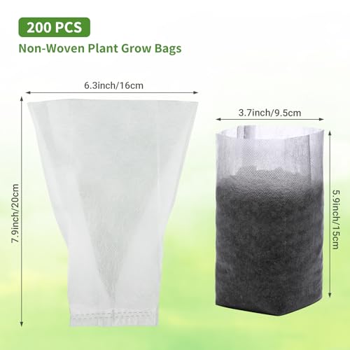 GREANER 200PCS Biodegradable Nursery Bags, 6.3"x7.8" Thickened Non-Woven Fabric Plant Seeding Grow Bags, Planting Seed Starting Pots Pouches for Flower Vegetable, Home or Outdoor Garden Supply - size: 6.3"x7.8"/200pcs