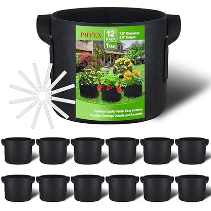 12-Pack 1 Gallon Nonwoven Grow Bags, Heavy Duty Aeration Fabric Pots with Durable Handles, Come with 12 Pcs Plant Labels - size: 1 Gallon