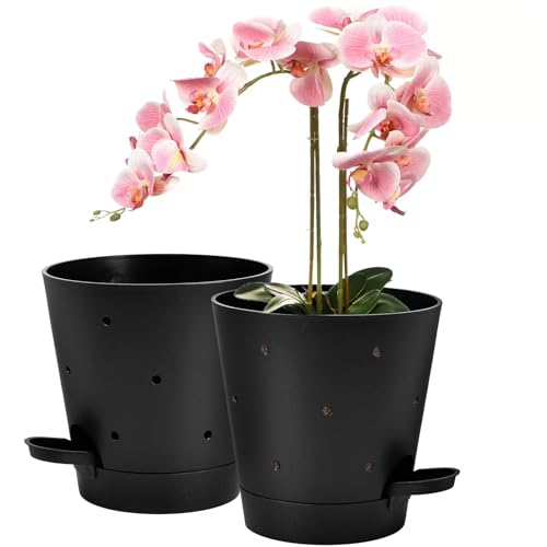 Vanslogreen 6 Inch Orchid Pots with Holes, Self Watering Plant Pots, 2 Pack - color: Black
