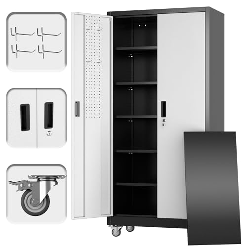 Aobabo Upgrade 71H''*34''W*18''D Metal Garage Storage Cabinet with Wheels and Pegboards, 5 Adjustable Shelves Steel Storage Cabinets for Home,Warehouse,Garage,Assembly Required,Black and Sliver - color: Black Silver, size: 18"D x 34"W x 71"H