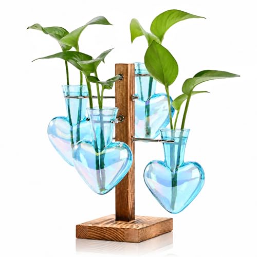 Nacome Plant Terrarium Propagation Stations: Blue Vase with Wooden Stand - color: Blue