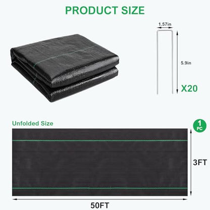 3ftx50ft Weed Barrier Landscape Fabric, 3.2oz Heavy Duty - size: 3ft x 50ft