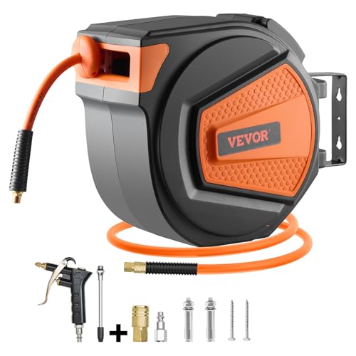 VEVOR Retractable Air Hose Reel, 3/8IN x 65FT Hybrid Air Hose Max 300PSI, Air Compressor Hose Reel Auto-Rewind with 6.6 FT Lead in, Ceiling/Wall Mount Enclosed PP Reel & Built-in 180° Swivel Bracket - size: 3/8IN x 65FT