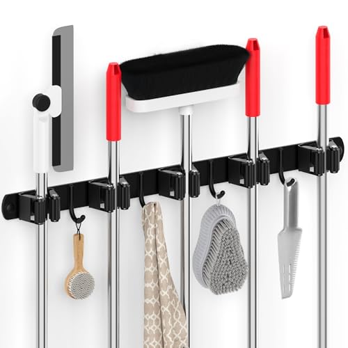 5 Grippers Broom Holder Wall Mount with 4 Hooks Stainless Steel, Black - color: C-Black, size: 5PCS Gripper