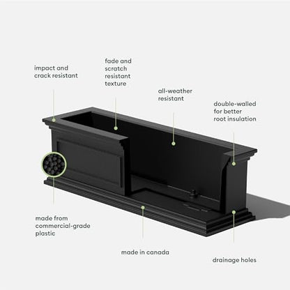 Veradek Brixton Series Window Box Planter - Rectangular Outdoor Planter - color: Black, size: 11"H x 11"W x 36"L