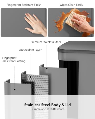 Lovewind Double Trash Can Kitchen, 13+5.5 Gallon Stainless Steel Dual Trash and Recycle Bin Combo with Silent Close Lid, Heavy-Duty Foot Pedal, Easy to Clean Garbage Can for Large Families, Grey - color: Grey, size: 13+5.5 Gallon