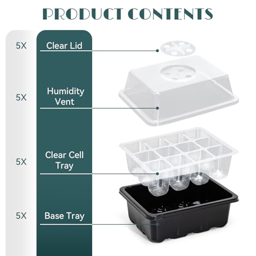 5-Pack Seed Starter Tray Seedling Kits,Plant Starter Kit with Adjustable Humidity Dome and Base Indoor Greenhouse Mini Propagator for Seeds Growing Starting(Blck)