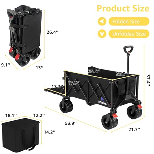 220L Folding Wagon with Detachable 14 Gallon Cooler Bag, Extra Large All-Terrain Heavy Duty Collapsible Beach Wagon Cart with Big Wheels, Foldable Utility Cart for Camping, Tailgate - color: Black, size: 220L