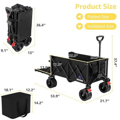 220L Folding Wagon with Detachable 14 Gallon Cooler Bag, Extra Large All-Terrain Heavy Duty Collapsible Beach Wagon Cart with Big Wheels, Foldable Utility Cart for Camping, Tailgate - color: Black, size: 220L