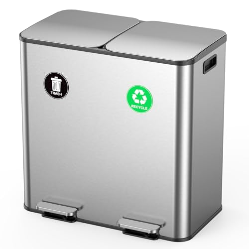 Lovewind Dual Trash and Recycling Bins for Kitchen, 2 * 11-Gallon Stainless Steel Double Trash Can, Step-On Garbage and Recycle Combo, Quiet Close, Pet-Proof, Compatible with 13-Gallon Bags, Silver - color: Silver, size: 2 x 11 Gallon