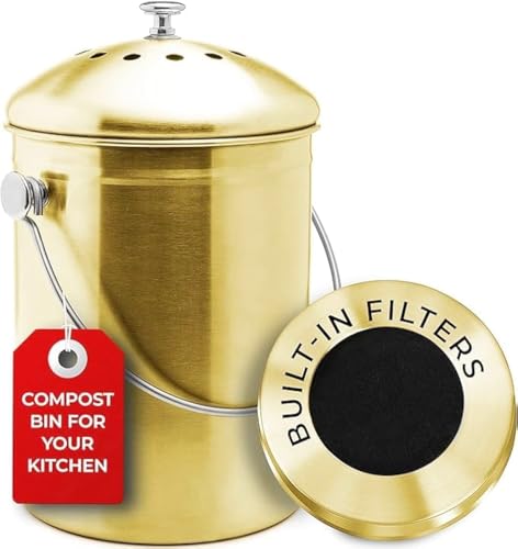 Epica Kitchen Compost Bin for Kitchen Countertops, 1.3 Galllon - Gold - color: Gold
